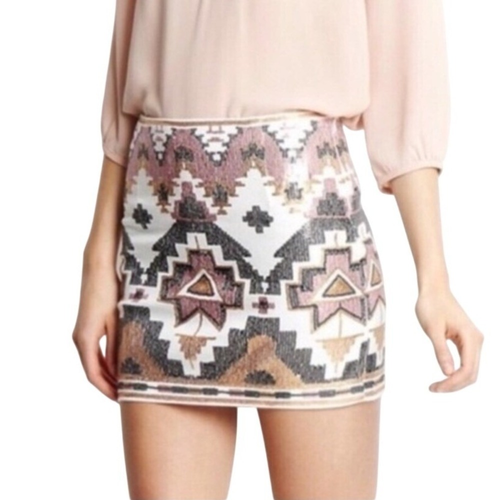 Express Sequin Aztec Geometric Mini Skirt Cream Womens Size S